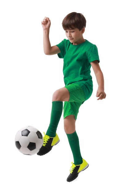boy with soccer ball playing football on white background