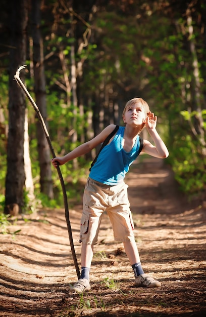 Boy with a stick in the pine forest