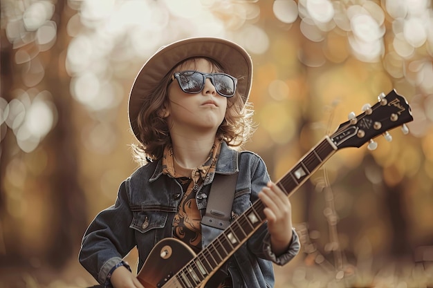 a boy with sunglasses and a guitar wearing a hat and sunglasses