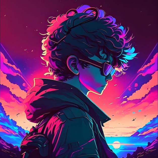 a boy with sunglasses on and a sunset in the background