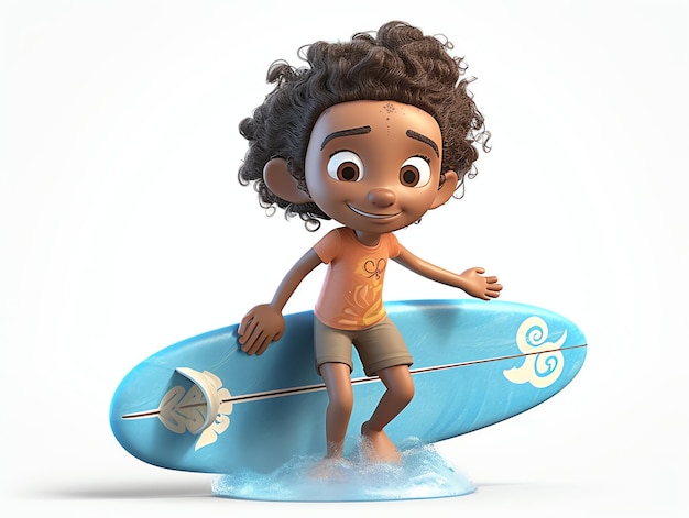 A boy with a surfboard on his back is standing on a white background.