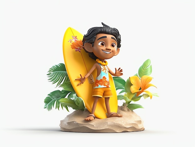 A boy with a surfboard on his back stands in front of a tropical landscape.