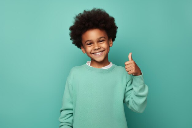 Boy with a thumbs up wearing a green sweater against a teal background