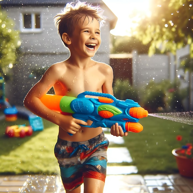 a boy with a toy gun and a water gun in his hand