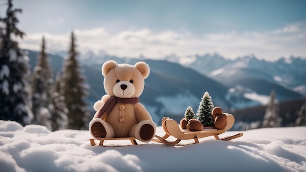 Мальчик с игрушечным плюшевым медведем сидит на санях и смотрит на зимний снег