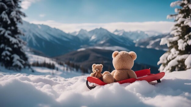 A boy with a toy teddy bear sits on a sled and looks at the winter snowy