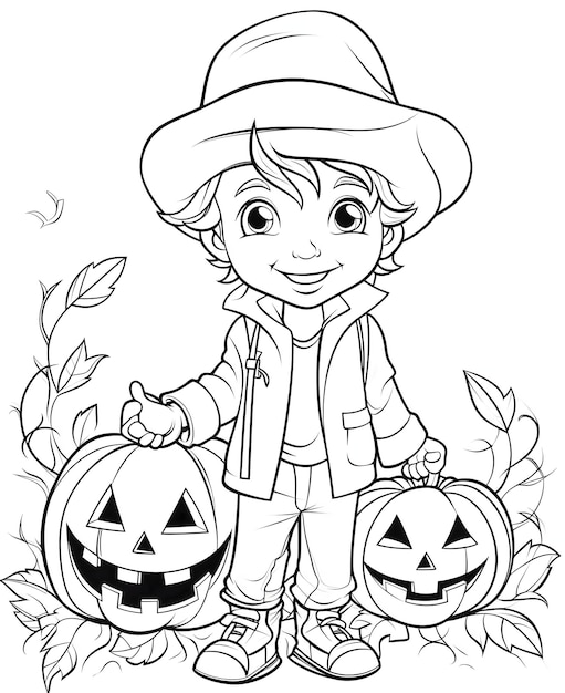 Boy with two jackolanterns in his hand Halloween black and white picture coloring book