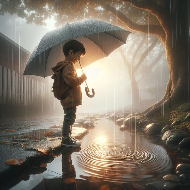 Boy with an umbrella stands in a puddle of water rain sunset