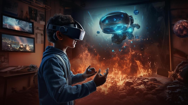 a boy with a virtual reality headset in his hands.