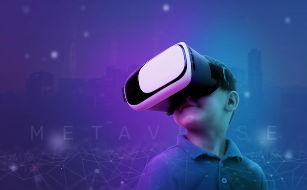 Boy with VR glasses in a metaverse environment concept Purple background with net threads and outlines of the futuristic city of the future