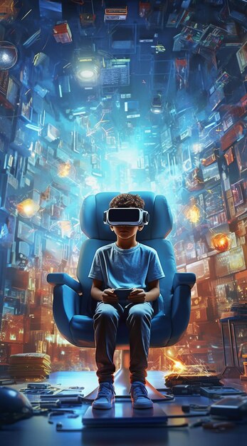 a boy with vr goggles over his eyes sits in a transparent chair viewing his livingroom