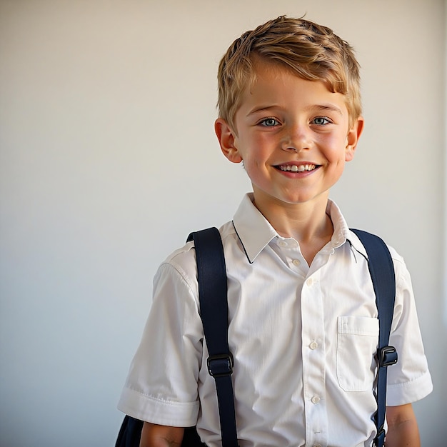 a boy with a white shirt and suspenders is smiling