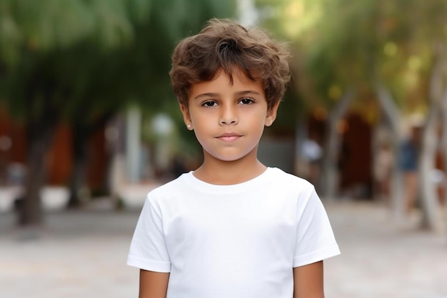 a boy with a white shirt that says " the word " on it.