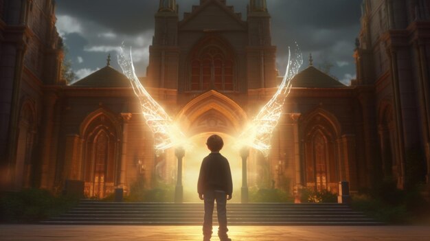 A boy with wings stands in front of a church with a light shining on his back Generative AI