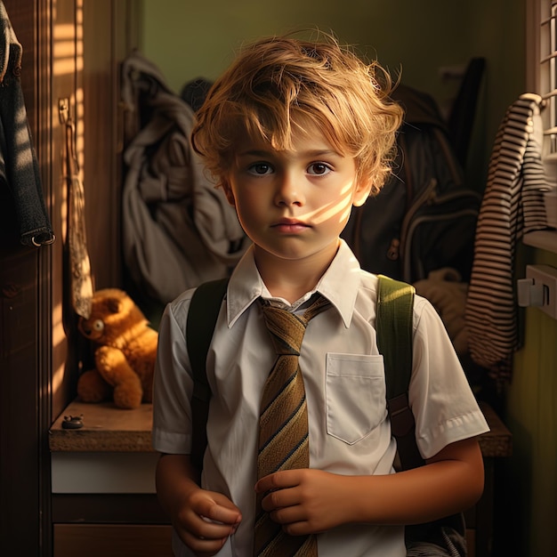 Photo a boy with a yellow mask on his face stands in front of a closet with a teddy bear in the background