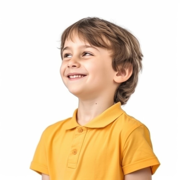 A boy with a yellow shirt on a white background
