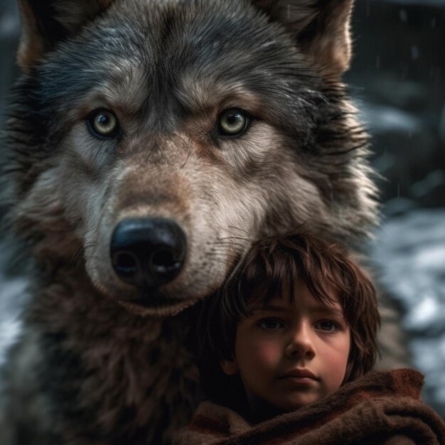 a boy and a wolf are in the snow with a brown blanket