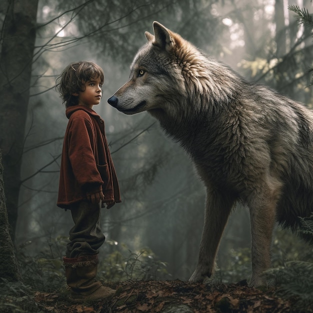 Photo a boy and a wolf are in the woods with the wolf