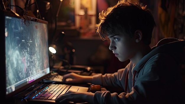 the boy working and coding on the computer