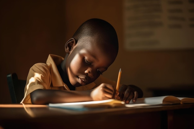 A boy writes on a piece of paper in a classroom.