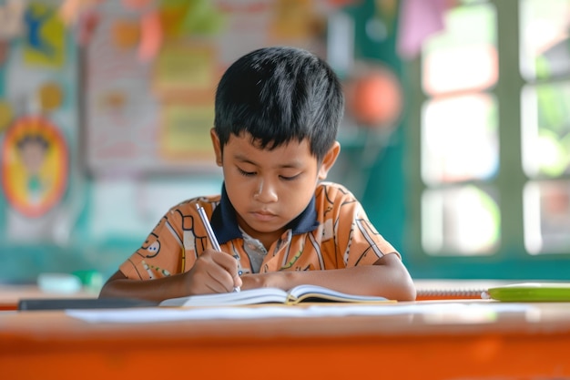 教室で本を書いている少年