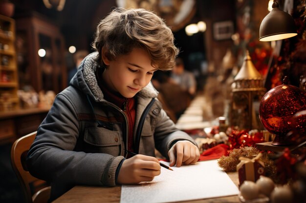 屋外のクリスマスにサンタに手紙を書く少年