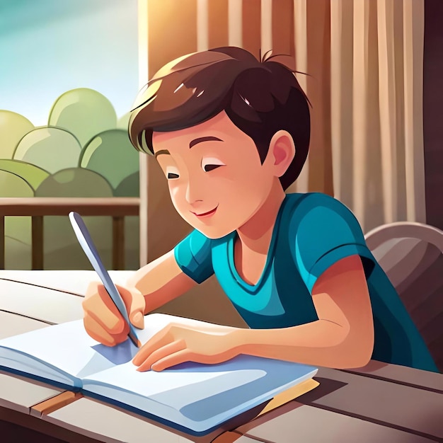 A boy writing at a table with a pencil.