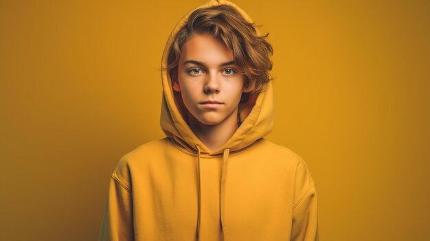 A boy in a yellow hoodie with the word on the front