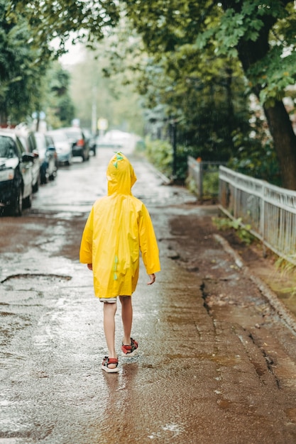 黄色いレインコートを着た男の子が雨の中で出てきます。子供だけが雨の中を歩きます。明るいレインコートの背面図。水たまりの中を歩く
