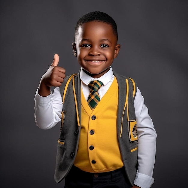 A boy in a yellow vest gives a thumbs up.