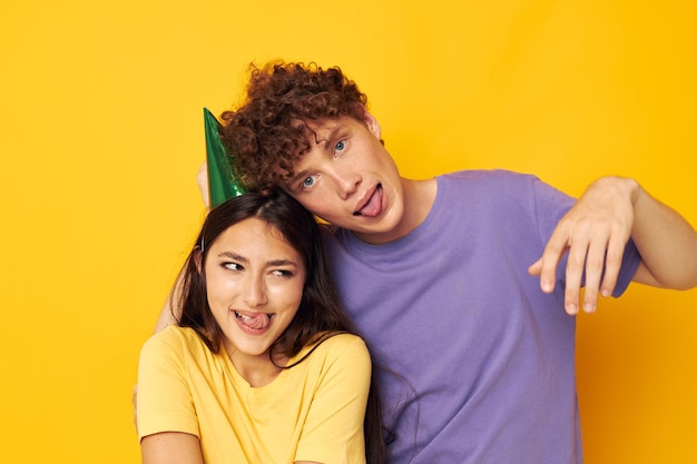 Photo boyfriend and girlfriend friendship birthday holiday yellow background