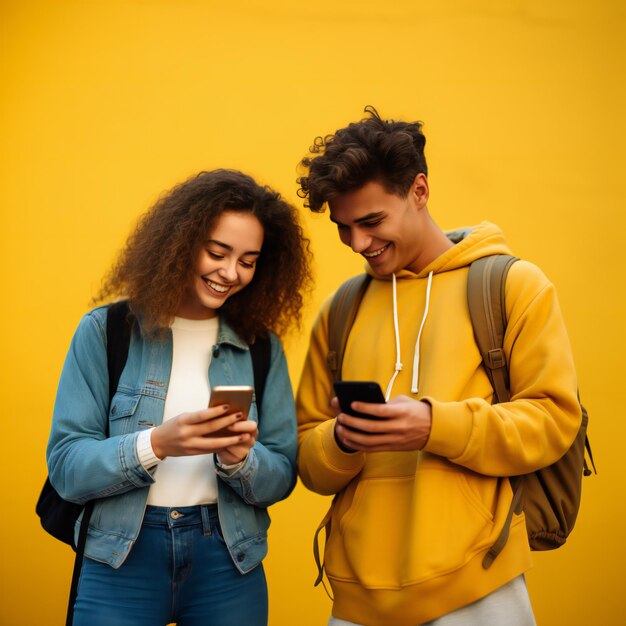 Boyfriend and girlfriend with backpacks standing outdoors by the yellow background