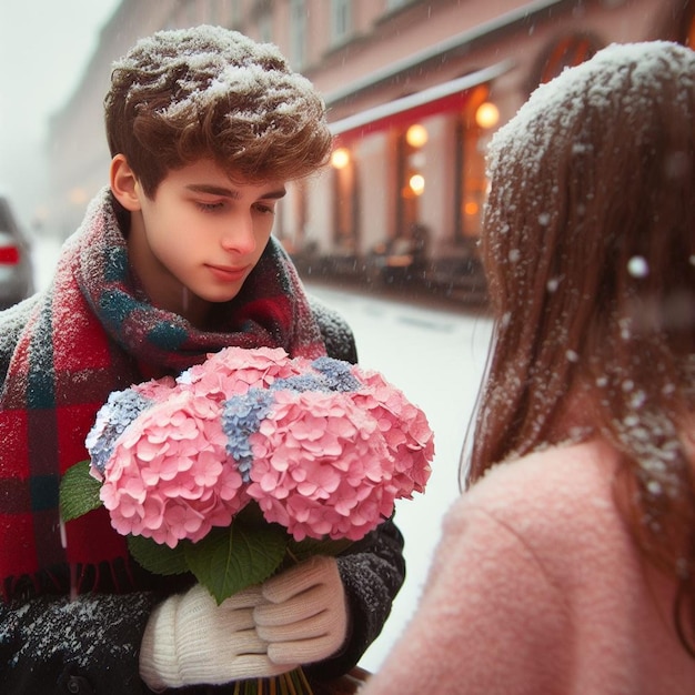 Boyfriend with a bouquet of pink flowers hydrangea waiting for his girl friend
