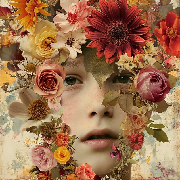 A boys face adorned with an array of vibrant flowers Generative ai