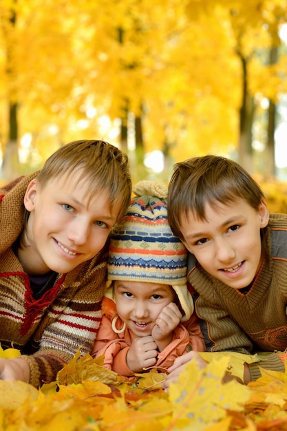 Boys and a girl on take a walk during the fall of the leaves in the park