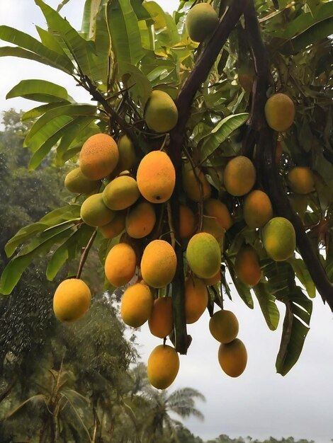 Boys and girls are picking mangoes