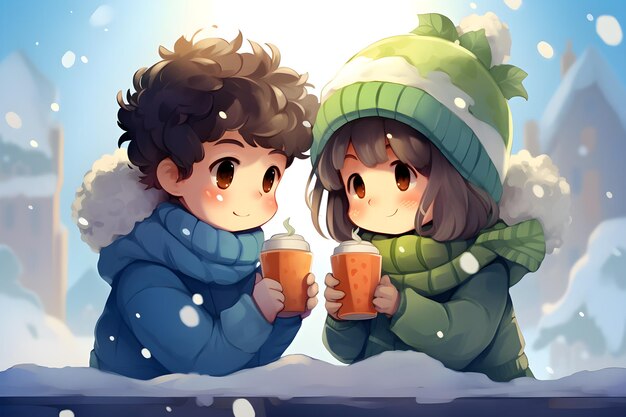 소년과 소녀는 따뜻한 음료를 마시고 재과 베니를 사용하여 겨울 분위기를 사용합니다.