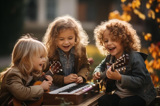 Photo boys and girls playing music in the park in sunny day outdoor activities concept