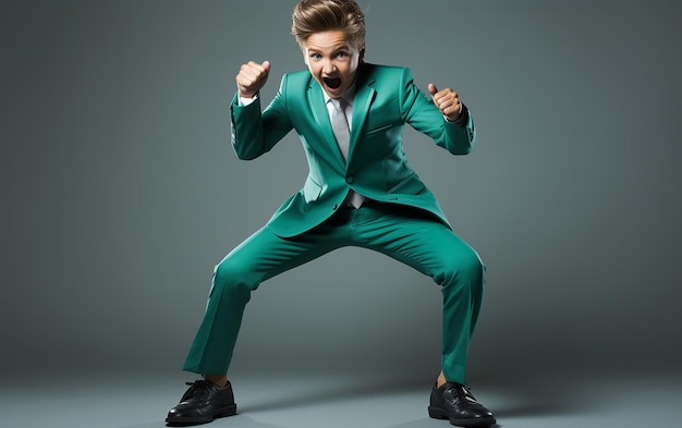 Boys in Green Suits Striking a Power Surge Stance