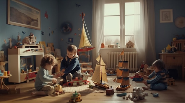 Photo boys in the image of sailors playing in her room