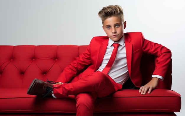 Boys in Red Suits Striking a Casual Lounge Pose