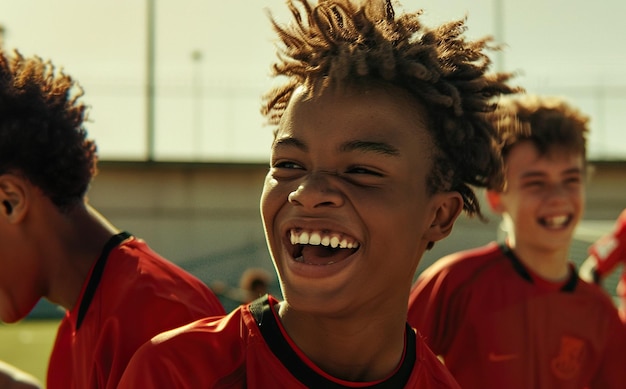 Boys in soccer uniforms smiling laughing and having fun