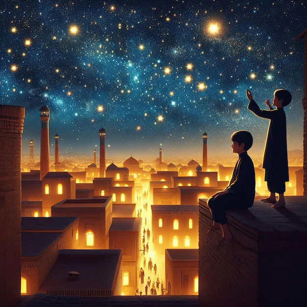 boys on a village rooftop at Ramadan night looking up at beautiful stars