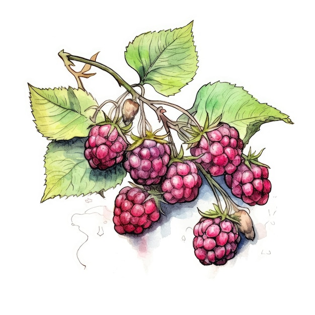흰색 배경 생성 AI에 잉크 윤곽선이 있는 수채화 스타일의 Boysenberries