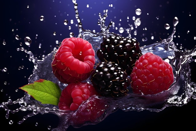 Boysenberry falling into water product showcase illustration