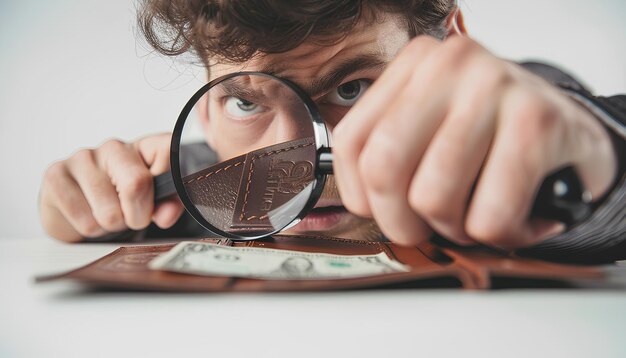 Foto boze jonge man die door een vergrootglas naar een lege portemonnee op een witte achtergrond kijkt