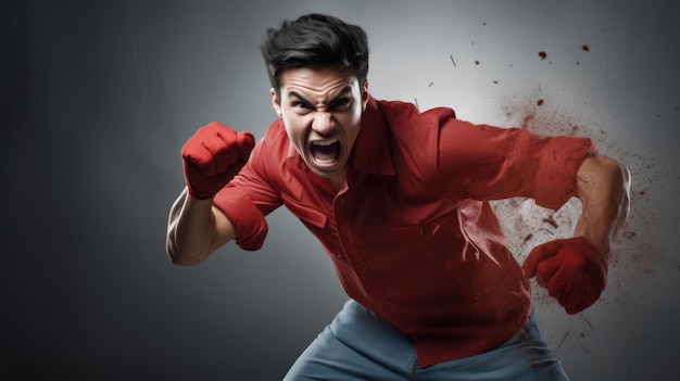 Boze jonge man in rood shirt breekt door de muur met zijn vuist Generatieve AI