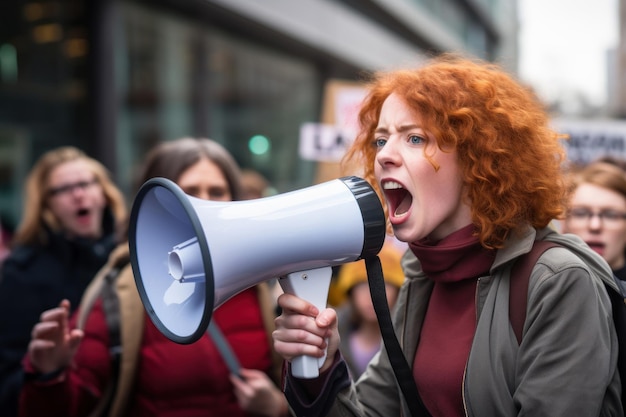 Foto boze jonge vrouw schreeuwt in de megafoon tijdens een protest op een stedelijke straat