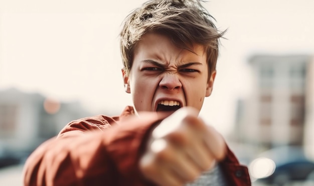 Foto boze jongen tiener klaar voor vuistgevecht hand tot hand gevecht straat vuistvechter mannelijke vuist close-up