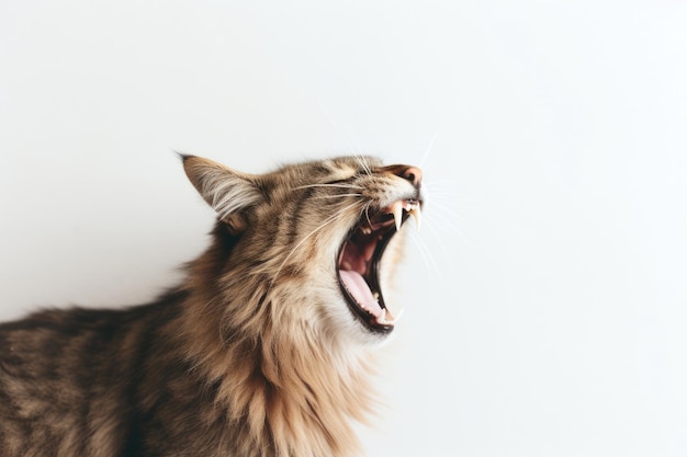 Foto boze kat met open mond die zijn tanden laat zien geïsoleerd op een witte achtergrond hondsdolheid bij dieren